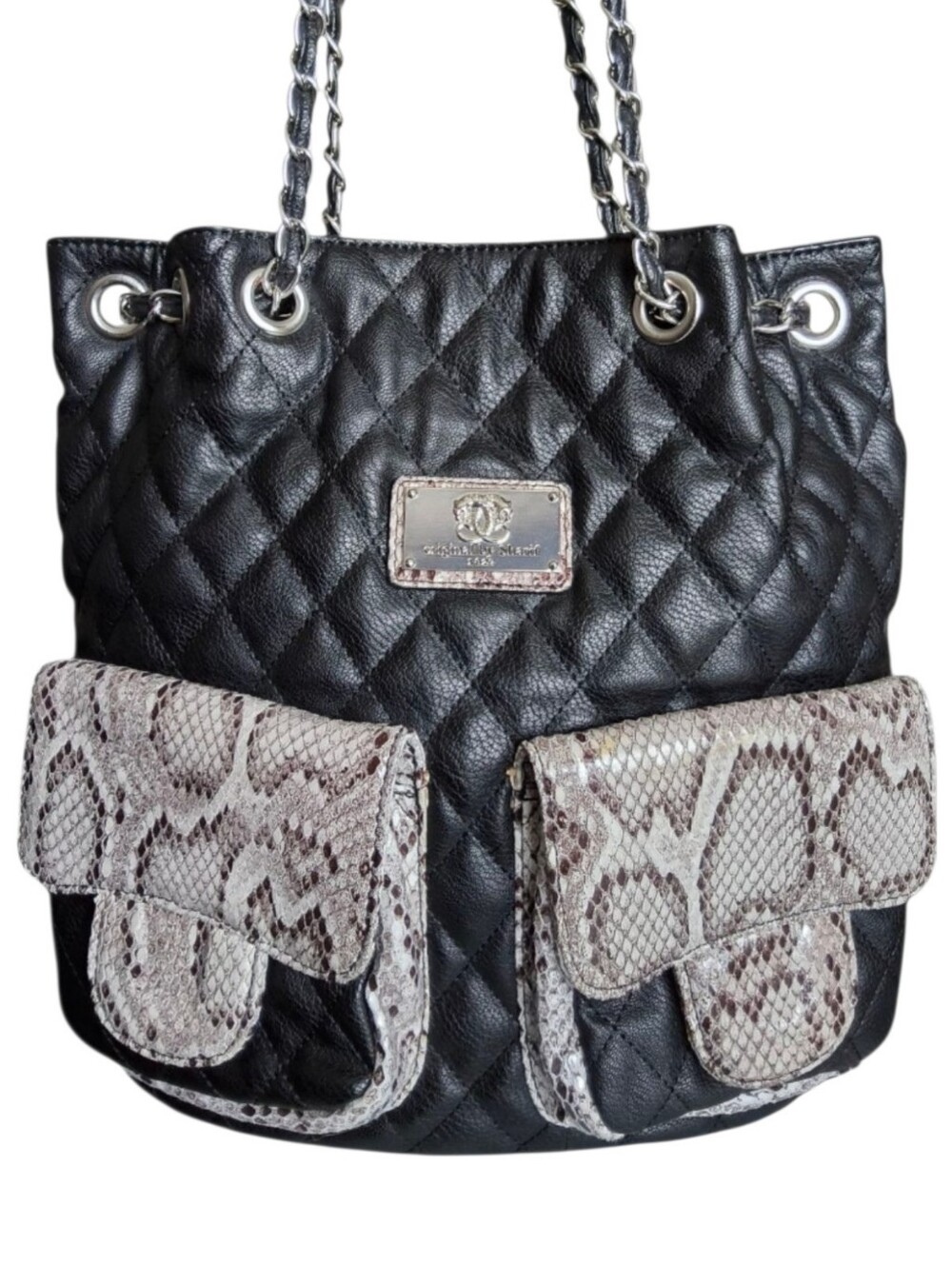 Sharif Black Quilted Leather Convertible Backpack Shoulder Bag with Snake Print